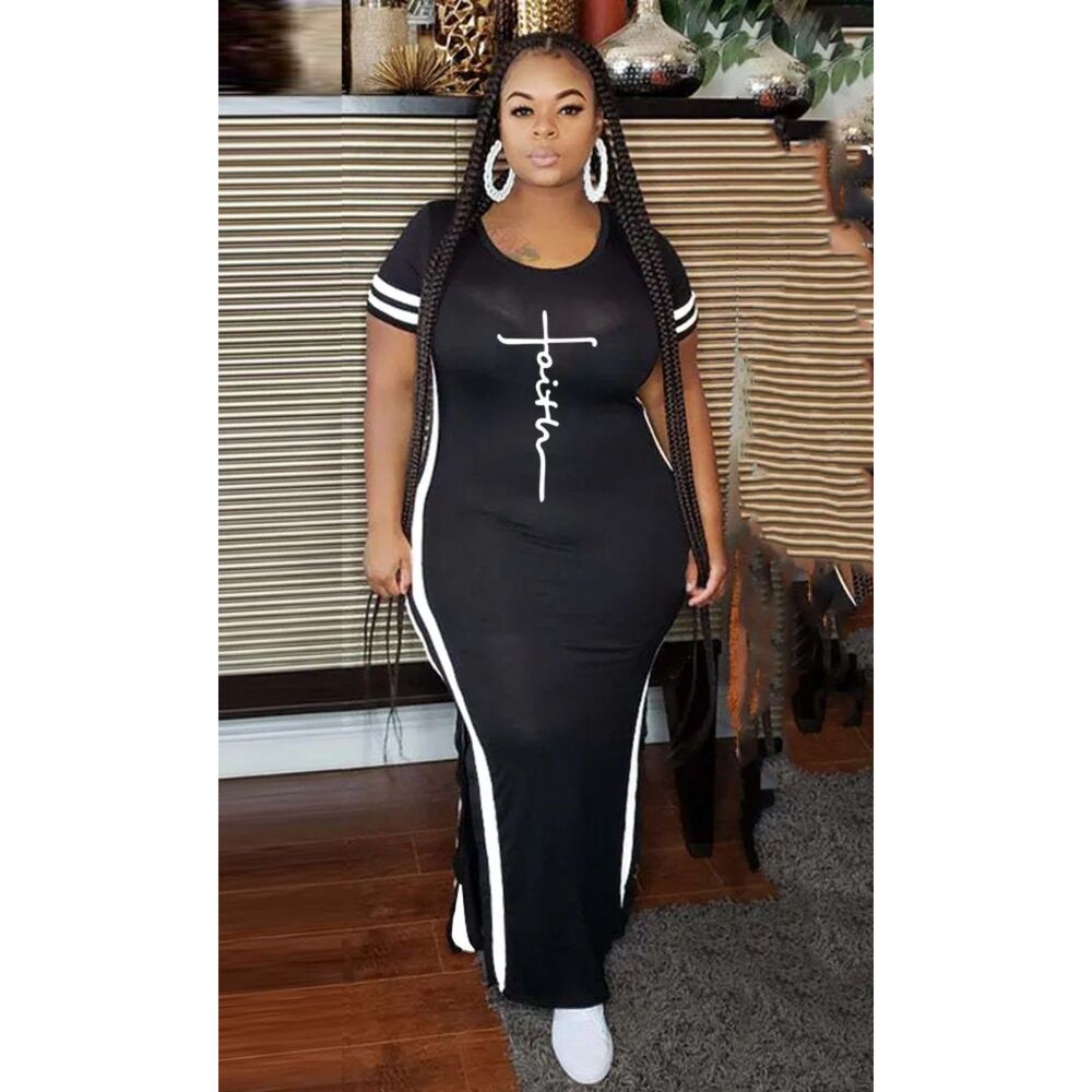 PHILLY'S TREASURE WOMEN BLACK PRINTED SPLIT SHORT SLEEVE ROUND NECT DRESS